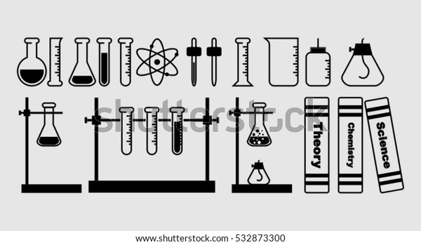 Chemikalienkolben Einlegen Erlenmeyerkolben Destillierkolben Messkolben Messkolben Stock Vektorgrafik Lizenzfrei