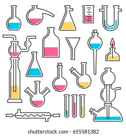 Set of chemical flasks made in styles
Line icons. Vector color illustration.