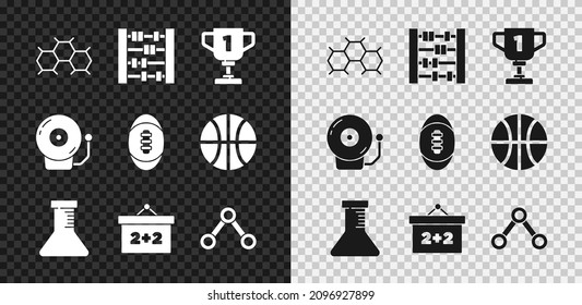 Set Chemical formula, Abacus, Award cup, Test tube and flask, Chalkboard, Molecule, Ringing alarm bell and American Football ball icon. Vector