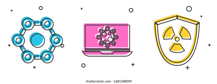 Set Chemical formula, Bacteria on laptop and Radioactive in shield icon. Vector