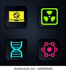 Set Chemical formula, Bacteria on laptop, DNA symbol and Radioactive. Black square button. Vector
