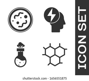 Set Chemical formula, Bacteria, Test tube and flask chemical and Head and electric symbol icon. Vector