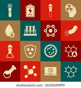 Set Chemical formula, Bacteria, Test tube and flask chemical, Water drop,  and  icon. Vector