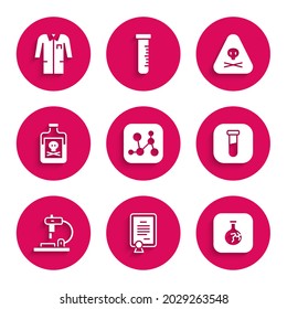 Set Chemical formula, Certificate template, Cracked flask, Test tube and, Microscope, Poison in bottle, Triangle warning toxic and Laboratory uniform icon. Vector