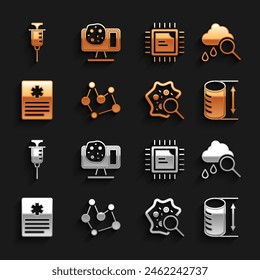Set Chemical formula, Cloud with rain, Height geometrical figure, Microorganisms under magnifier, Patient record, Processor CPU, Syringe and Genetic engineering icon. Vector