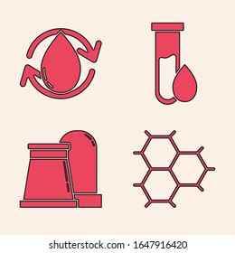 Set Chemical formula consisting of benzene rings, Oil drop, Oil petrol test tube and Oil and gas industrial factory building icon. Vector