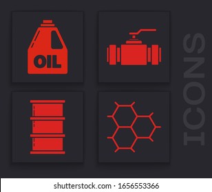 Set Chemical formula consisting of benzene rings, Canister for motor machine oil, Industry metallic pipes and valve and Barrel oil icon. Vector