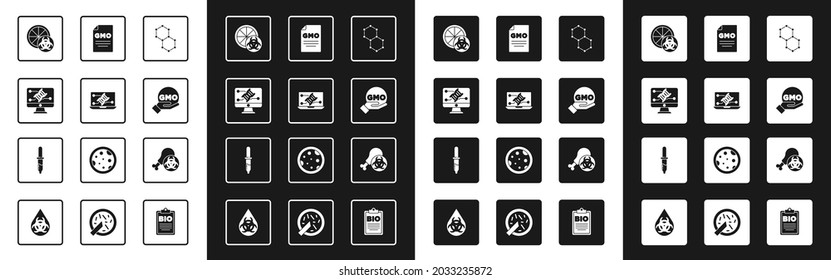 Setzen Sie Chemische Formel, Gentechnik Modifikation, Genetisch veränderte Orange, GVO, GVO-Forschung Hühnchen und Pipette Symbol. Vektorgrafik