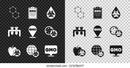 Set Chemical formula, GMO, Genetically modified apple, Test tube and flask and  icon. Vector