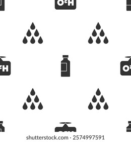 Set Chemical formula for H2O, Bottle of water and Water drop on seamless pattern. Vector