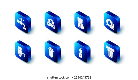 Set Chemical formula for H2O, Glass with water, Water drop speech bubbles, Bottle of, filter cartridge, Mechanical pump and tap icon. Vector