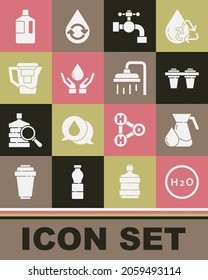 Set Chemical formula for H2O, Jug glass with water, Water filter, tap, Washing hands soap, jug, Big bottle clean and Shower head icon. Vector