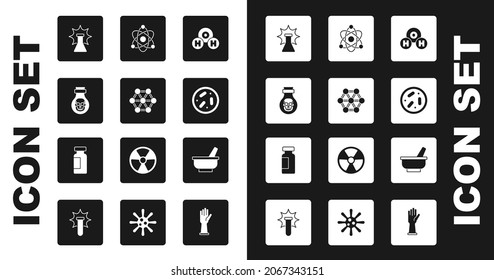 Establecer fórmula química para H2O, molécula, veneno en botella, explosión, placa de Petri con bacterias, átomos, mortero y almirez e icono del matraz del tubo de ensayo. Vector