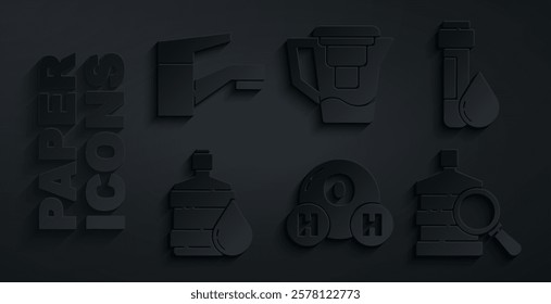 Set Chemical formula for H2O, Test tube with water drop, Big bottle clean, Water jug filter and tap icon. Vector