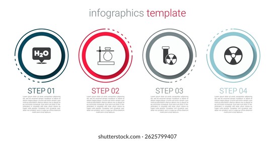 Set Chemical formula for H2O, Test tube flask on stand, radiation and Radioactive. Business infographic template. Vector
