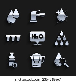 Set Chemical formula for H2O, Water jug with filter, Drop and magnifying glass, drop, Bottle of water,  and  icon. Vector
