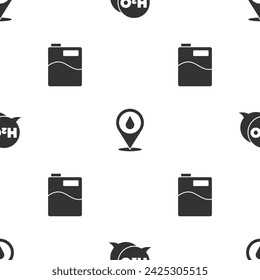 Set Chemical formula for H2O, Water drop with location and Big bottle clean water on seamless pattern. Vector