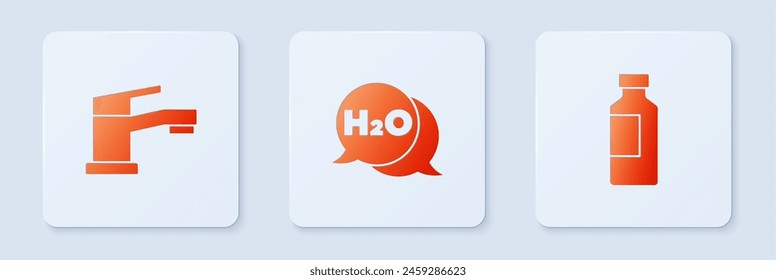 Set Chemical formula for H2O, Water tap and Bottle of water. White square button. Vector