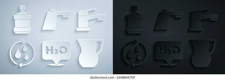 Set Chemical formula for H2O, Water tap, Recycle clean aqua, Jug glass with water,  and Big bottle icon. Vector