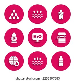 Set Chemical formula for H2O, Wave with water drop, Bottle of, Well bucket, Earth planet in, Fire hydrant, Glass and Water icon. Vector