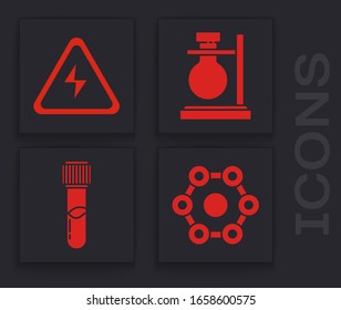 Set Chemical formula, High voltage sign, Test tube flask on stand and Test tube and flask chemical icon. Vector
