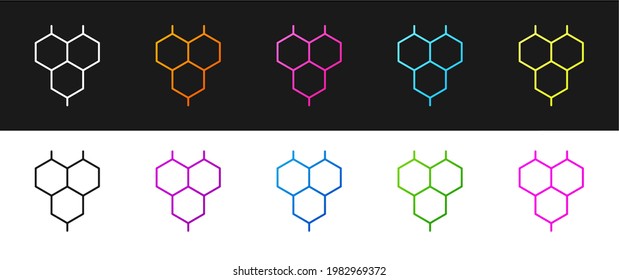 Establecer icono de fórmula química aislado en fondo blanco y negro. Resumen del hexágono para la medicina de la innovación, la salud, la investigación y la ciencia.  Vector