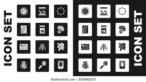 Set Chemical formula, Jar with additives, Clinical record, Petri dish bacteria, Virus, Automatic irrigation sprinklers, Cell and  icon. Vector