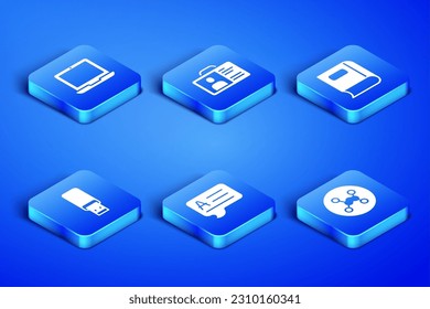 Establezca la fórmula química, la laptop, las burbujas de voz con respuesta, la unidad flash USB, la insignia de identificación y el icono del libro. Vector