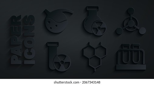Set Chemical formula, Molecule, Test tube radiation, and flask,  and  icon. Vector