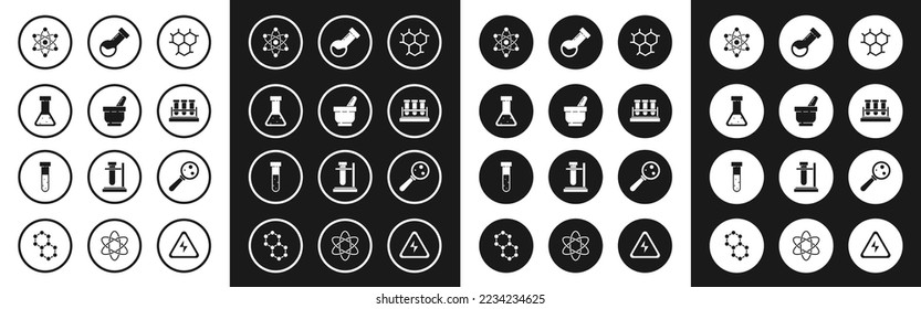 Set Chemical formula, Mortar and pestle, Test tube flask chemical, Atom, Microorganisms under magnifier and  icon. Vector