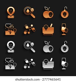 Set Chemical formula, Nuclear bomb, Poisoned alcohol, Mortar and pestle, Poisonous cloud of gas smoke, apple, Radioactive in location and magnifying glass icon. Vector