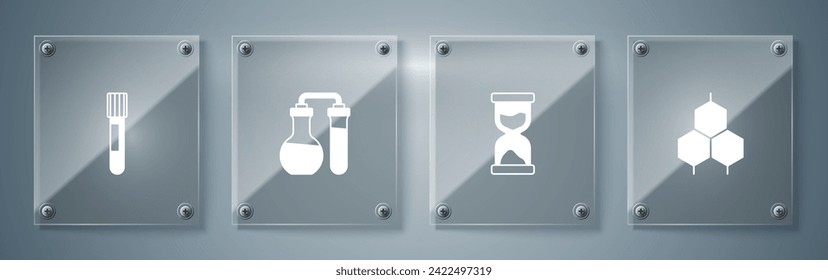 Set Chemical formula, Old hourglass, Test tube and . Square glass panels. Vector