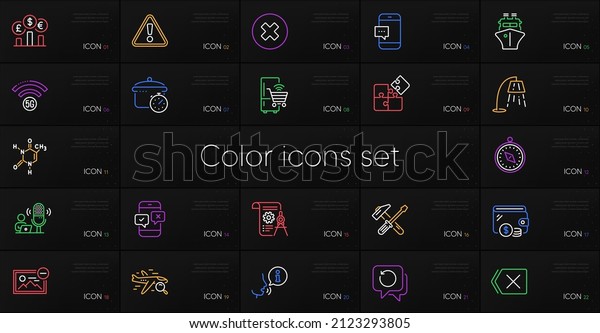 Set of Chemical formula, Remove image and Hammer\
tool line icons. Include Recovery data, Wallet, Divider document\
icons. Close button, Boiling pan, Smartphone message web elements.\
Vector