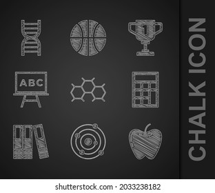 Establecer fórmula química, sistema solar, Apple, Calculadora, carpetas de Office, pizarra de premios, copa de premio e icono de símbolo de ADN. Vector