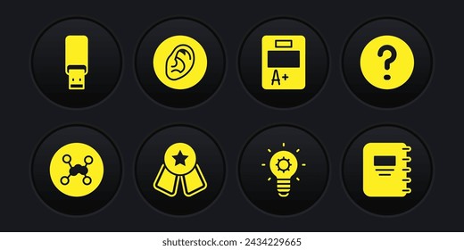 Set Chemical formula, Speech bubbles with Question, Medal star, Light bulb, Exam sheet A plus grade, Ear listen sound signal, Notebook and USB flash drive icon. Vector