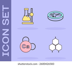 Set Chemical formula, Test tube flask on stand, Mineral Ca Calcium and Petri dish with bacteria icon. Vector