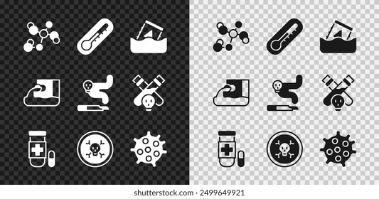 Set Chemical formula, Thermometer, Radioactive waste in barrel, Antidote, Bones and skull, Bacteria, Wastewater and Cigarette icon. Vector