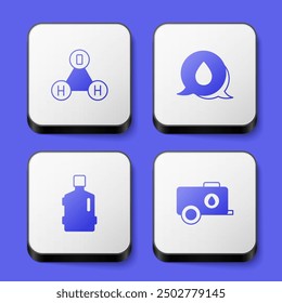 Set Chemical formula water H2O, Water drop with speech bubbles, Big bottle clean and Mobile tank icon. White square button. Vector