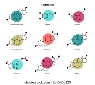 Set Of Chemical Formulas Of Hormones. Neurotransmitters In The Human Brain And Cns Concept. Serotonin And Dopamine Icons. Estrogen And Testosterone Isolated Molecules Flat Vector Illustration.