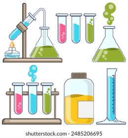 A set of chemical glassware. Pixel art. Isolated on white background. Vector illustration.