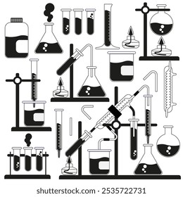 Set of chemical glassware silhouettes. Isolated on white background. Vector illustration.