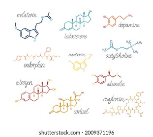 Set of chemical hormones formulas. Hand-drawn doodle colorful illustrations with inscriptions. Symbols for biology, chemistry, naturopathy, medicine. Isolated on white.