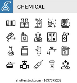 Set of chemical icons. Such as Flask, Harmonic, Chemical, Spray, Air pollution, Gloves, Blood test, Oil, Scientist, Periodic table, Formula, Glove, Valve, Tank , chemical icons