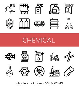 Set of chemical icons such as Power plant, Medical, Gloves, Storage tank, Spray, Oil truck, Oil, Jerrycan, Flask, Valve, Poison, Tank, Molecular, Biohazard, Factory , chemical