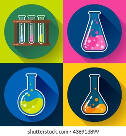 Set of Chemical lab flasks icons - test tubes, round bulb and triangular. With colored liquid. Flat design style