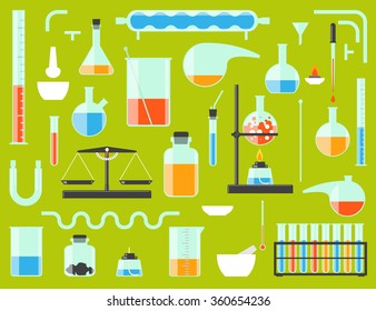 Set of chemical laboratory equipment. Chemical glass. Constructor parts. Vector illustration