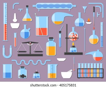 Set of chemical laboratory equipment. Chemical glass. Constructor parts. Vector illustration