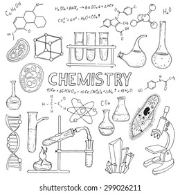 Set chemischer Laborgeräte. Vektorhandzeichensymbole.Vintage-Hintergrund. Lineare Abbildung.Zurück zur Schule.