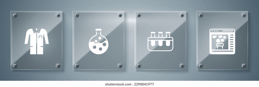 Chemische Online-Zusammensetzung, Reagenzglas und Kolben sowie LaborUniform festlegen. Viereckige Glasplatten. Vektorgrafik