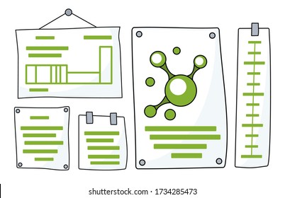 Set of chemical or pharmacy information poster with science and health symbols, text frame surfaces vector illustration. Poster for chemistry school room with texts, molecule sign, thermometer scale